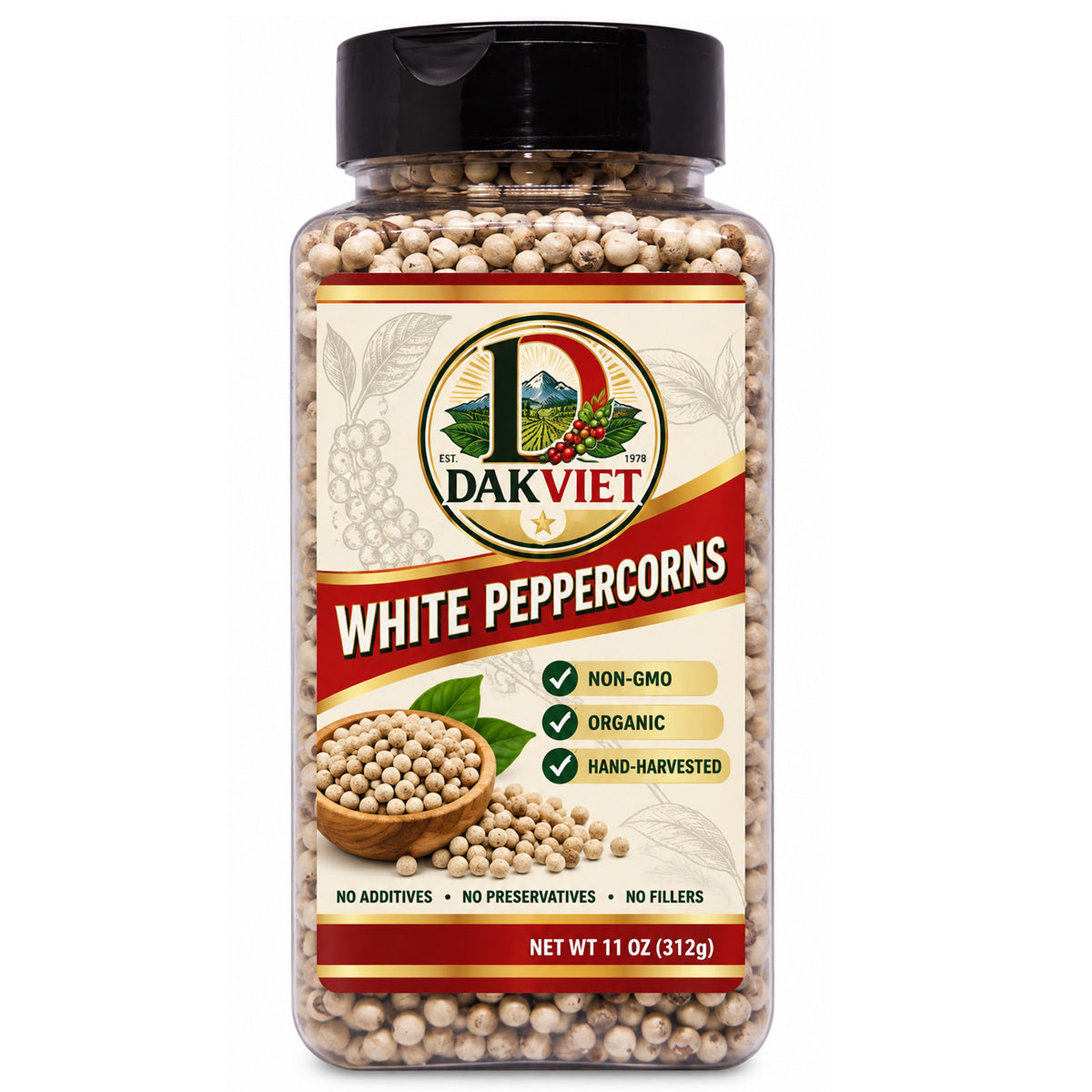 DakViet White Peppercorns – Premium Whole White Pepper, 11 oz (312g)
