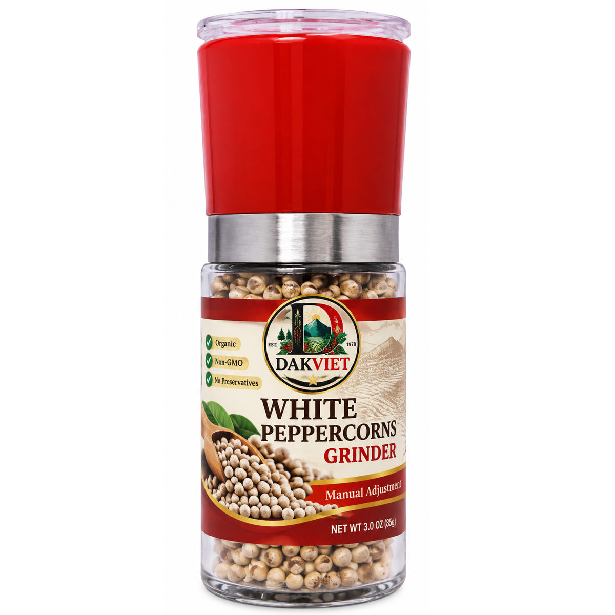 DakViet White Peppercorn Grinder – Premium Whole White Peppercorns, 3.0 oz (85g)