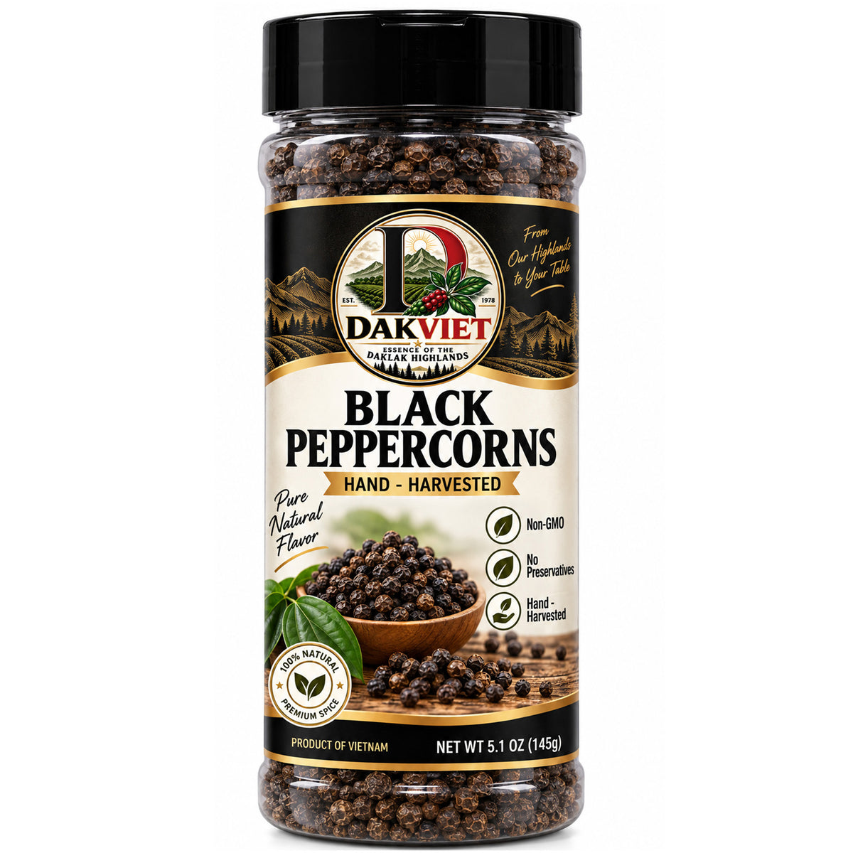 DakViet Premium Vietnamese Black Peppercorns – Whole Peppercorns, 5 oz (143 g)