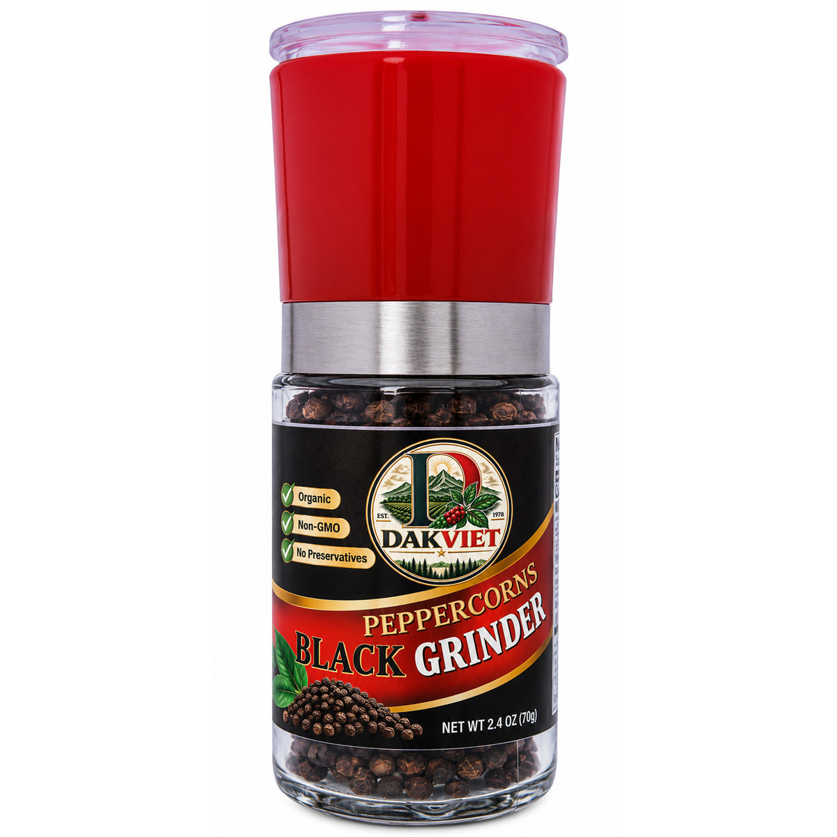 DakViet Black Peppercorn Grinder – Whole Black Peppercorns, 2.4 oz (70g)