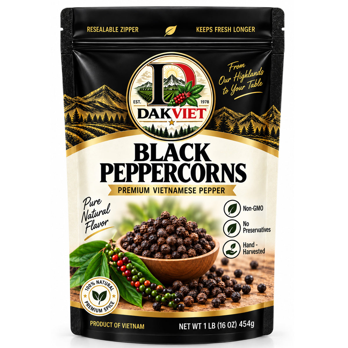 DakViet Premium Vietnamese Black Peppercorns – Whole Black Pepper, 1 LB (16 OZ / 454 g)